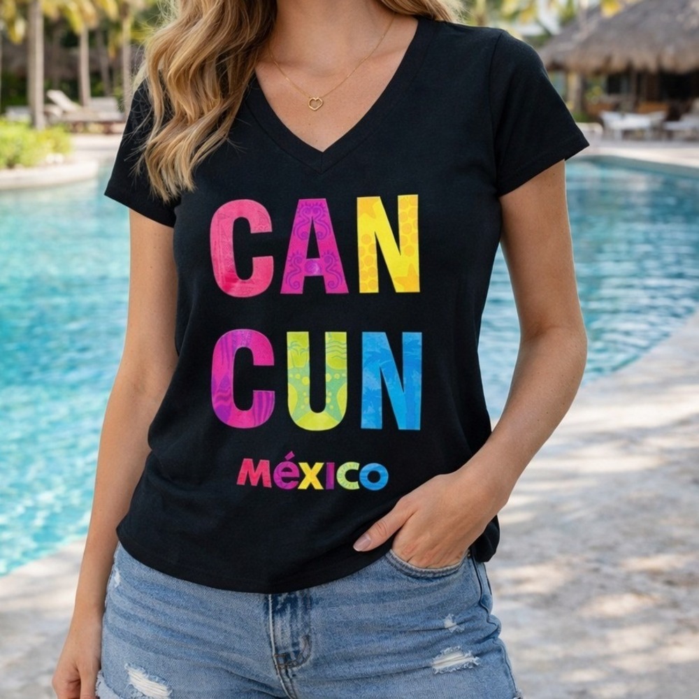 Cancun Mexico T-Shirt Womens Medium Black Multi-Color V-Neck‎